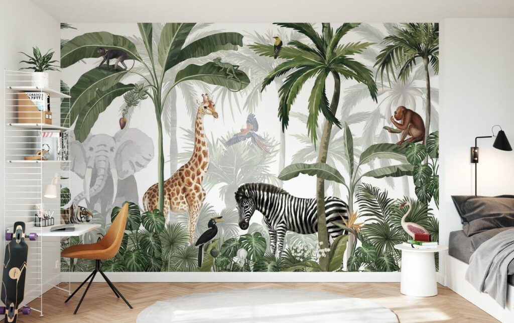 Orman Desenli Tropikal Zürafalı 3D Duvar Kağıdı