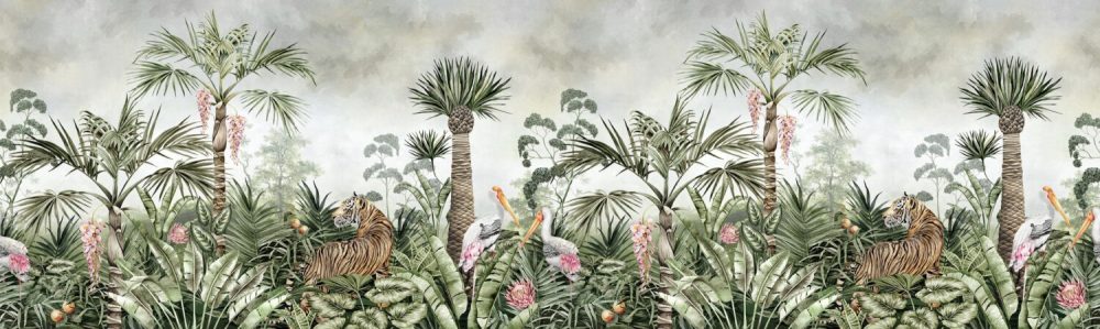 3D Kaplanlı Tropikal Desenli Duvar Kağıdı