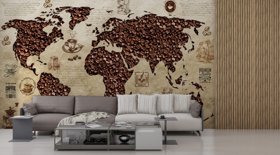 Kahve Desenli Dünya Haritalı 3D Duvar Kağıdı