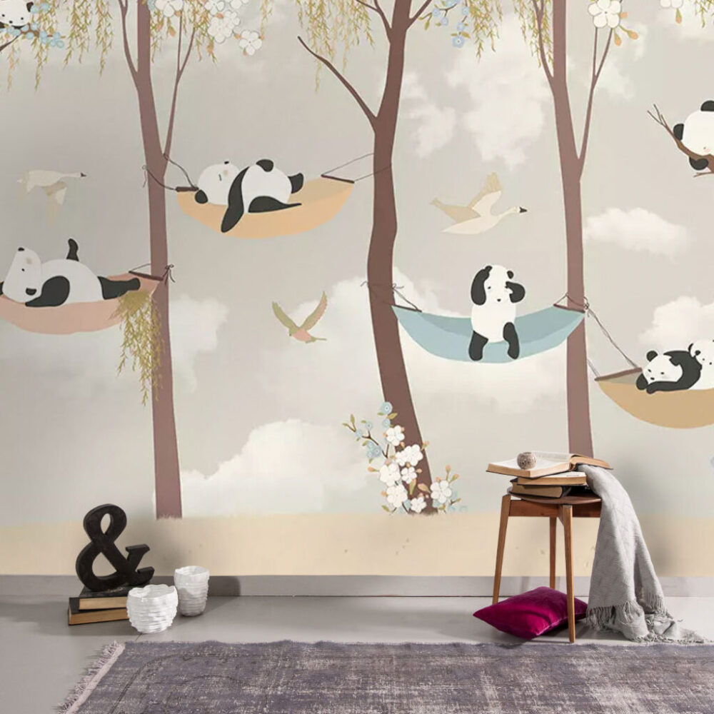Ağaç Arasında Yatan Panda Desenli 3D Duvar Kağıdı