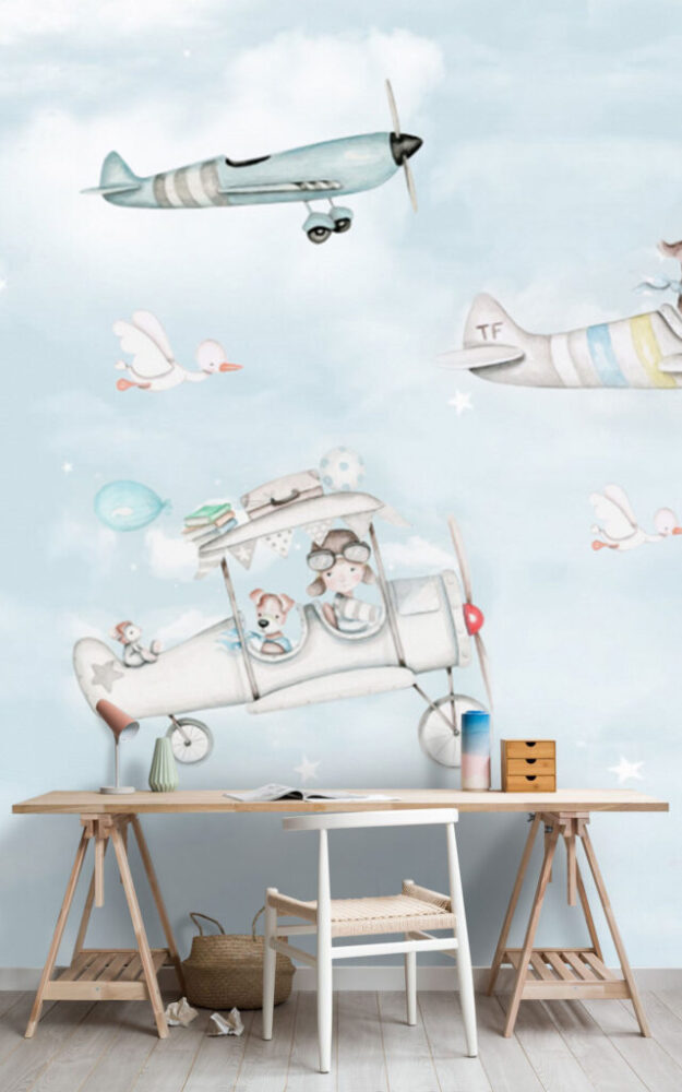 Uçağı Süren Köpek Desenli 3D Duvar Kağıdı
