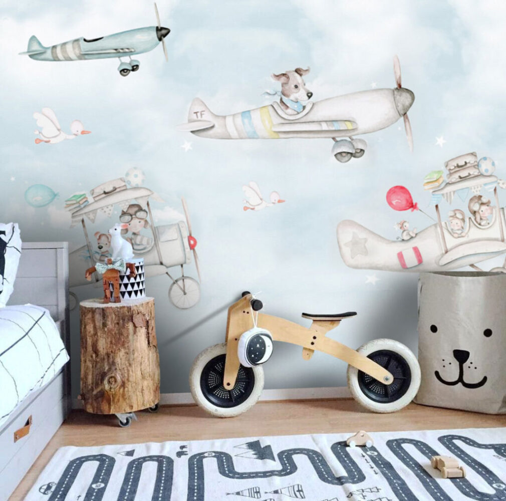 Uçağı Süren Köpek Desenli 3D Duvar Kağıdı