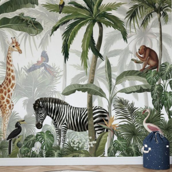 Orman Desenli Tropikal Zürafalı 3D Duvar Kağıdı