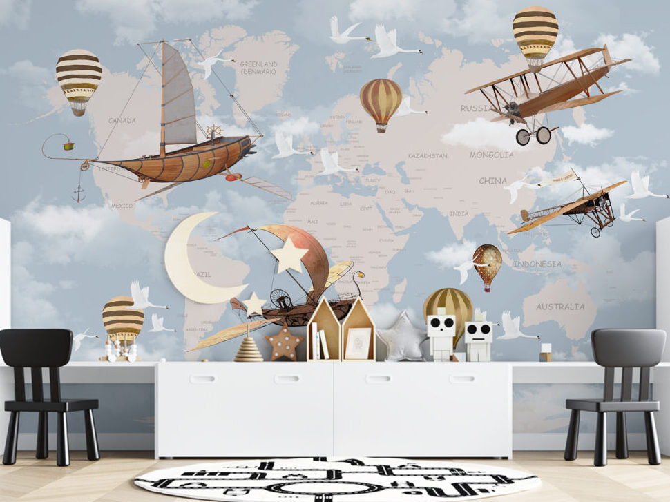 Uçak ve Gemi Desenli Çocuk Haritası 3D Duvar Kağıdı