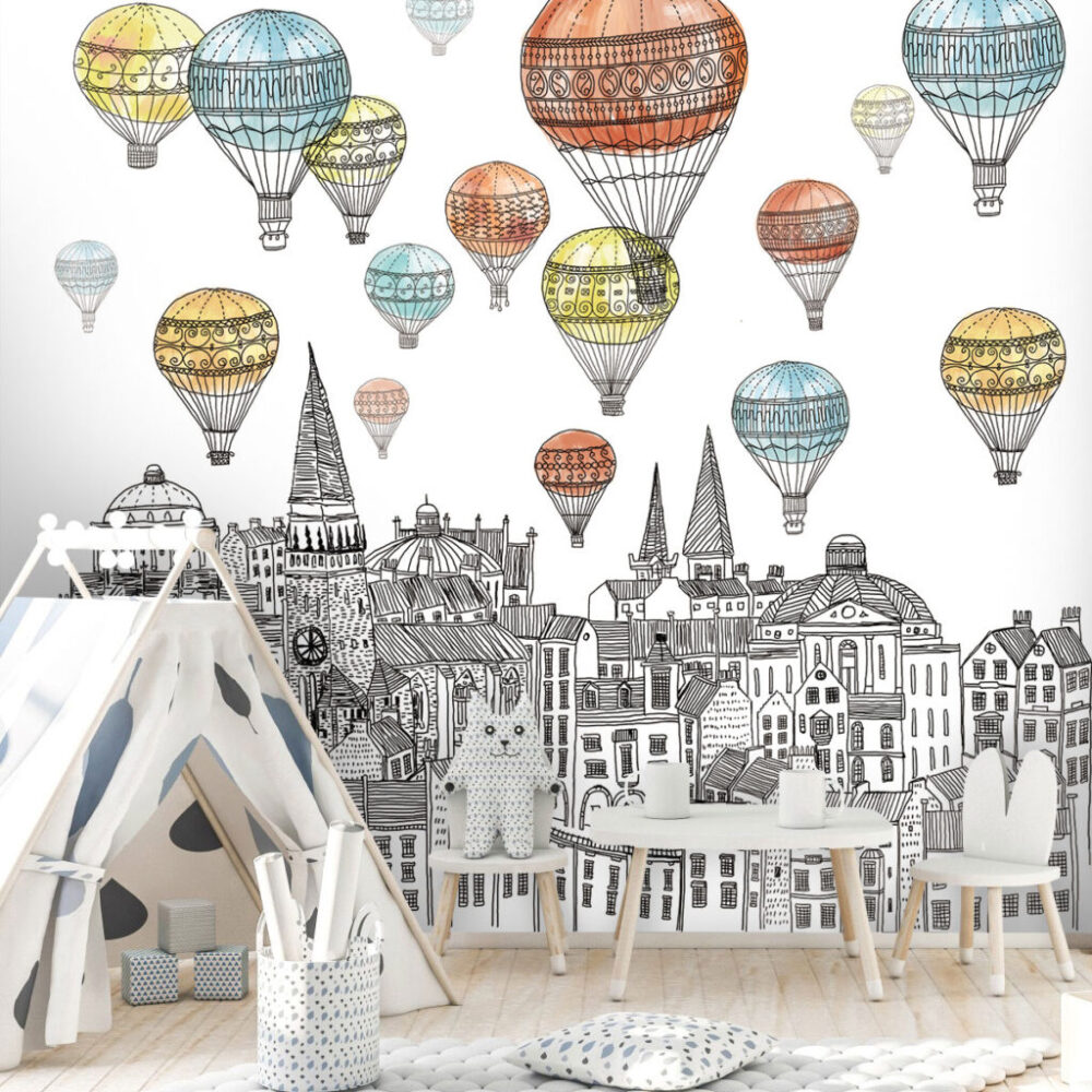 Uçan Balon ve Şehir Manzara Desenli 3D Duvar Kağıdı