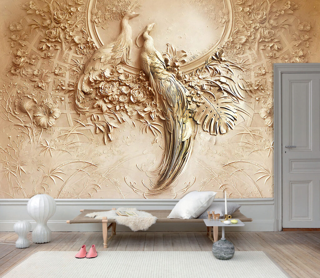 Kuş ve Yaprak Desenli 3D Duvar Kağıdı