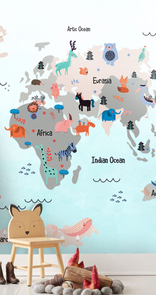 Değişik Motif ve Hayvan Desenli Çocuk Haritası 3D Duvar Kağıdı