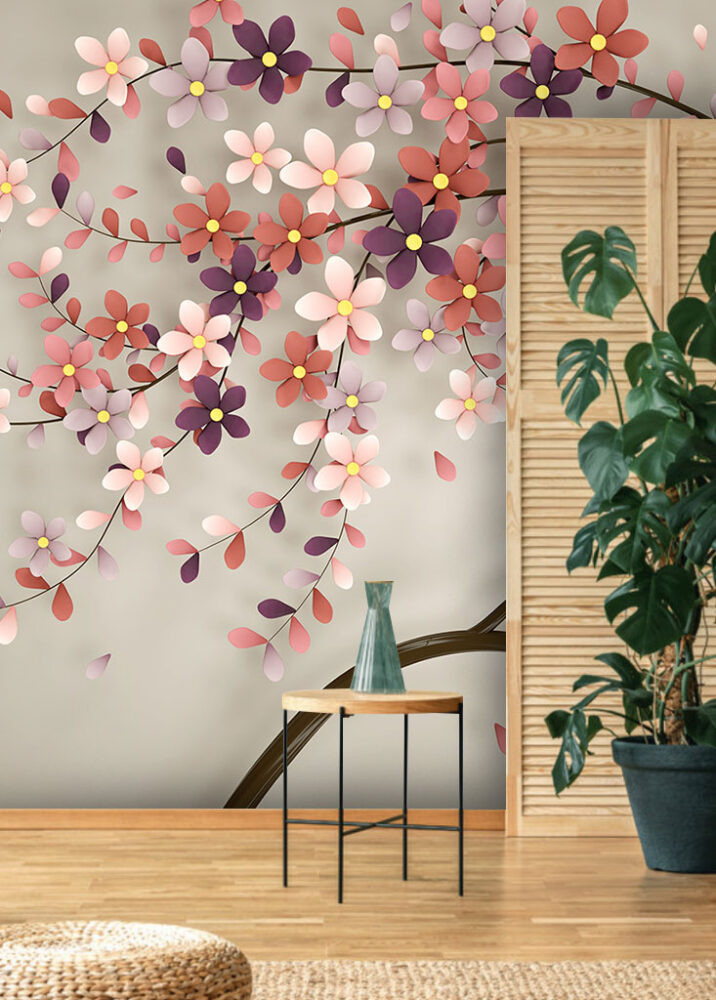 Yapraklı Dal Desenli 3D Duvar Kağıdı