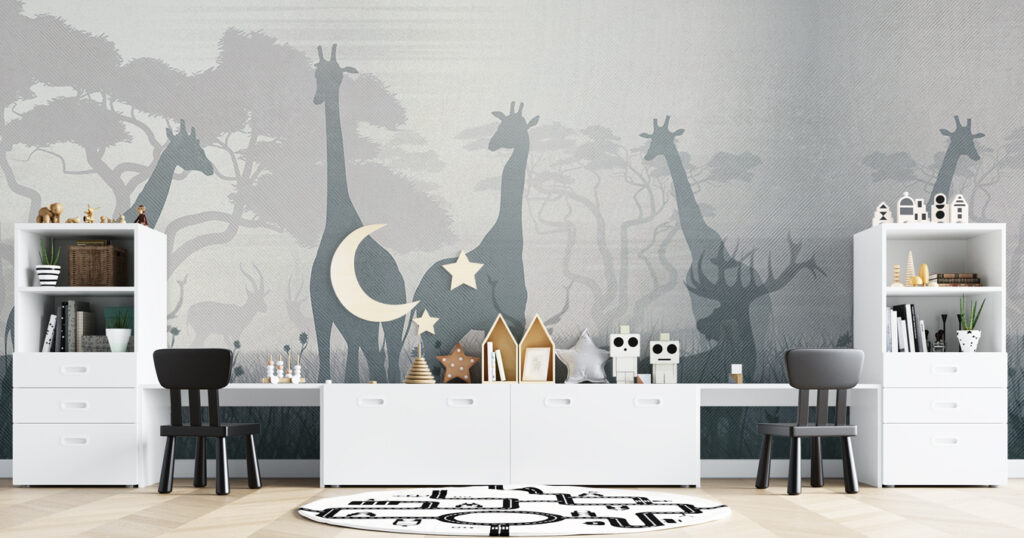 Zürafa ve Geyik Gölge Desenli 3D Duvar Kağıdı