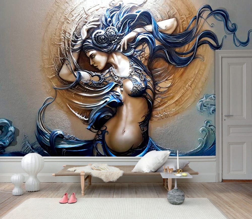 Oryantal Kabartmalı Kadın Desenli 3D Duvar Kağıdı