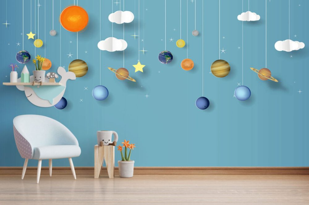 Güneş Sistemi ve Bulut Desenli 3D Duvar Kağıdı