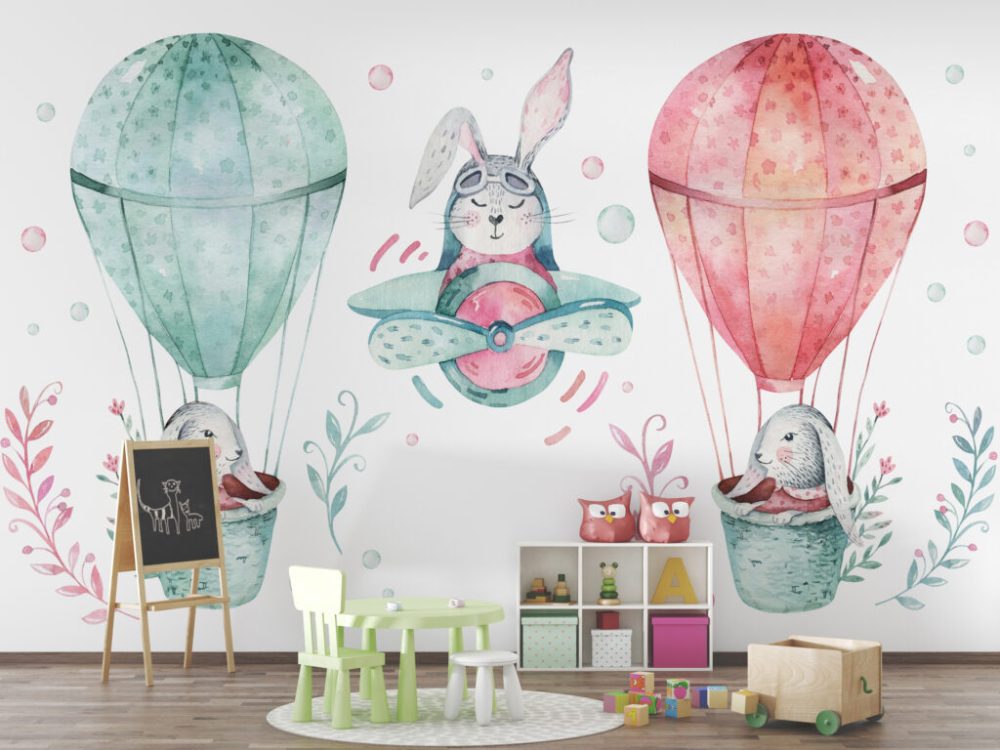 Tavşanları Taşıyan Uçan Balon Desenli 3D Duvar Kağıdı