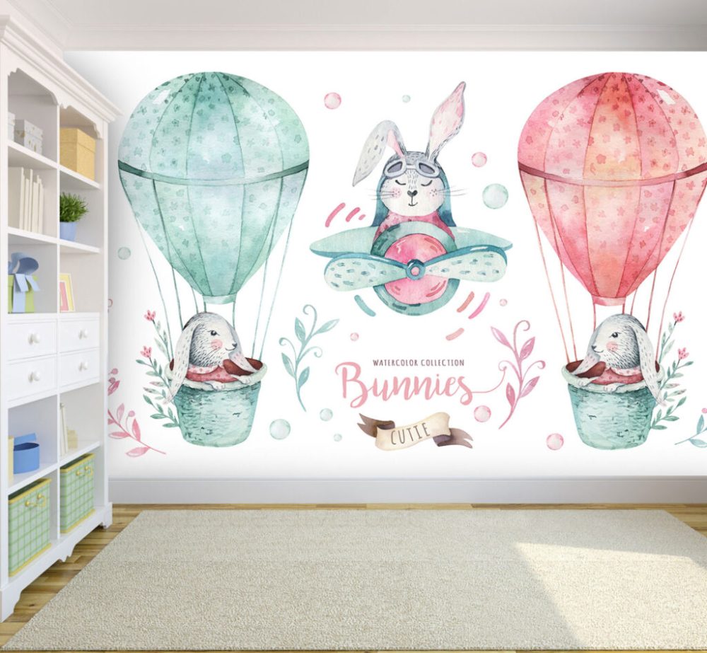 Tavşanları Taşıyan Uçan Balon Desenli 3D Duvar Kağıdı