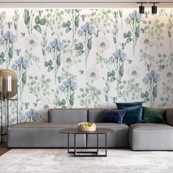 Farklı Çeşit Çiçek ve Kuş Desenli 3D Duvar Kağıdı