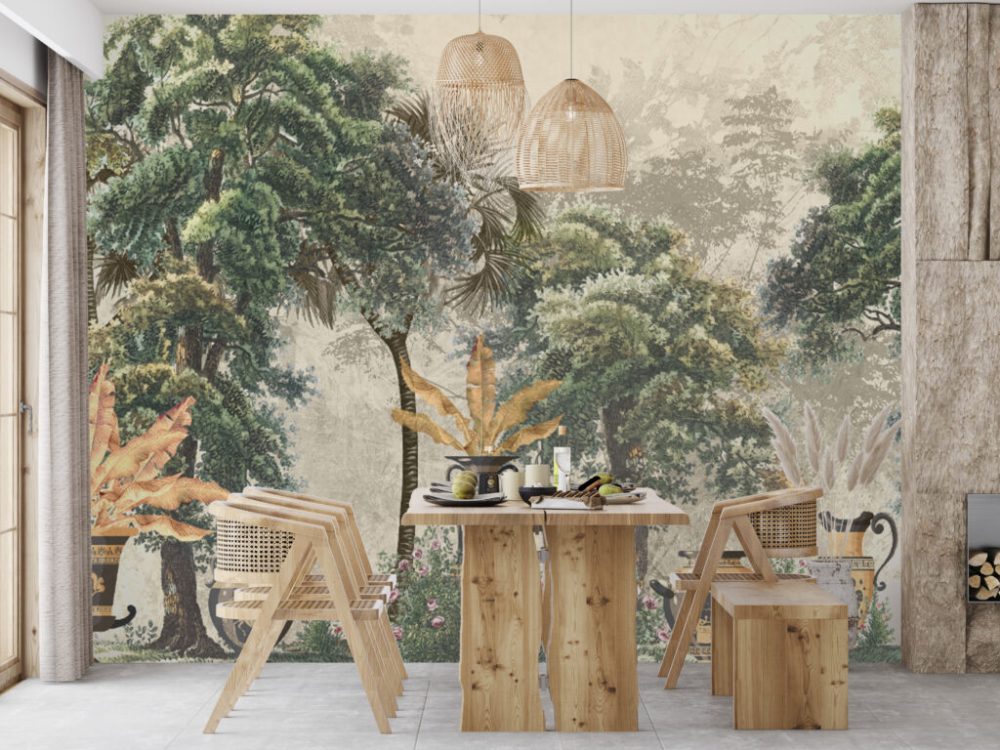 3D Ağaç ve Saksı Desenli Tropikal Duvar Kağıdı