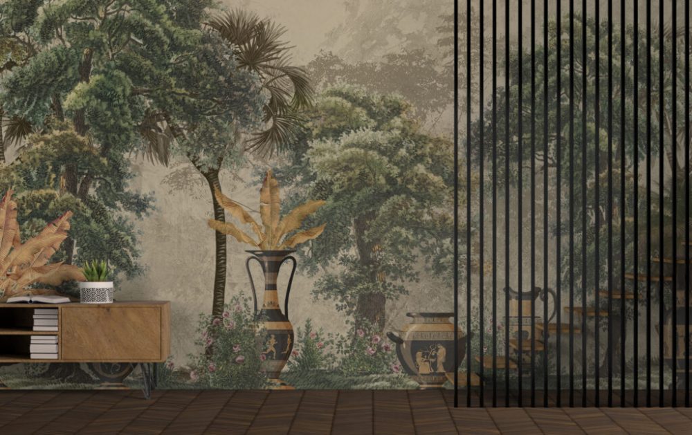 3D Ağaç ve Saksı Desenli Tropikal Duvar Kağıdı