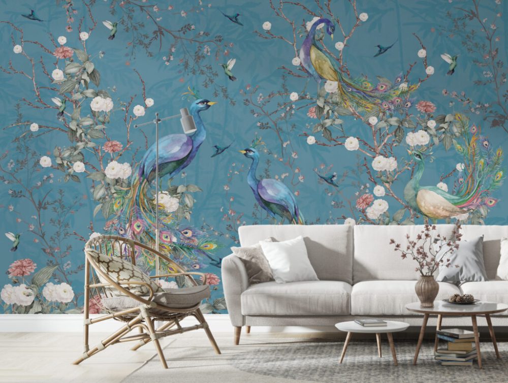 Çiçekli Dalda Duran Kuş Desenli 3D Duvar Kağıdı