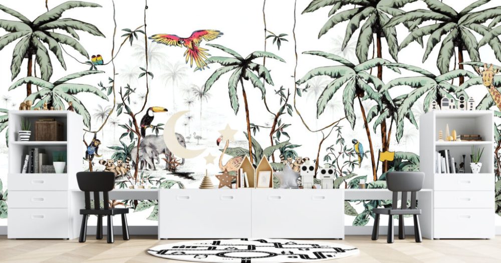 Palmiye Ağacı Altında Hayvan Desenli 3D Duvar Kağıdı
