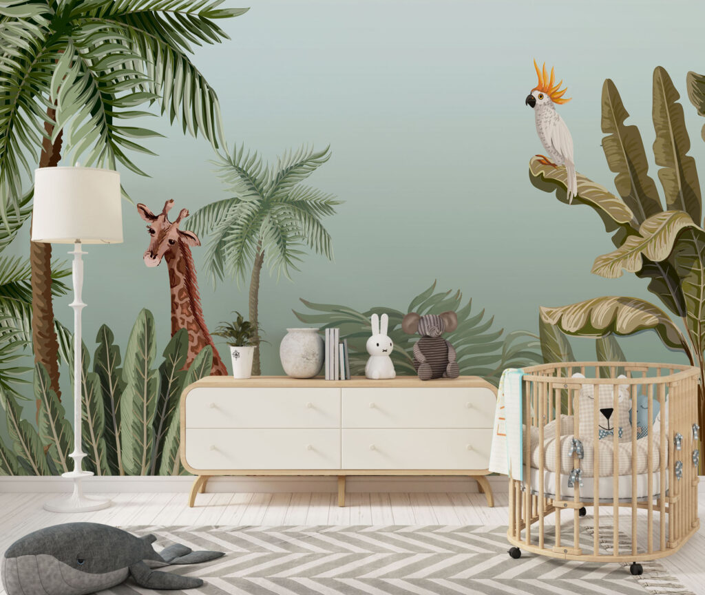 Soft Mavi Zeminli Ağacın Etrafında Duran Papağan ve Zürafa Desenli 3D Duvar Kağıdı