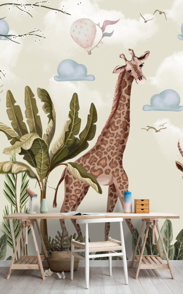 Ormanda Geyik ve Zürafa Desenli 3D Duvar Kağıdı