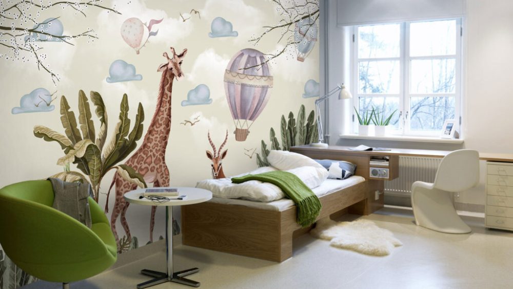 Ormanda Geyik ve Zürafa Desenli 3D Duvar Kağıdı