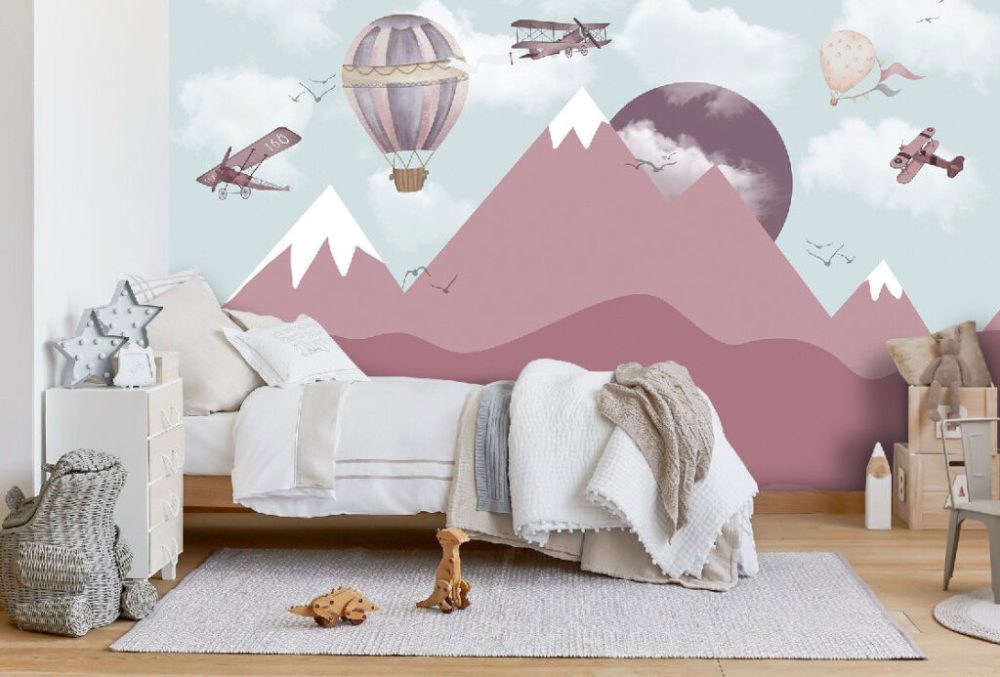 Dağ Manzaralı Balon ve Uçak Desenli Duvar Kağıdı