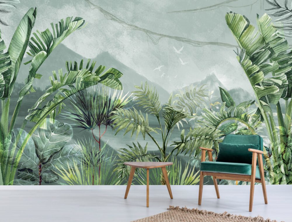 3D Yeşil Yapraklı Tropikal Duvar Kağıdı