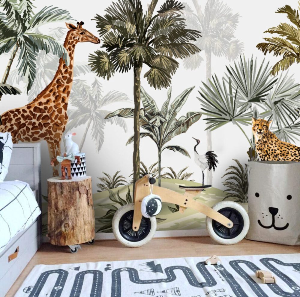 Ormanda Zürafa ve Kaplan Desenli 3D Duvar Kağıdı