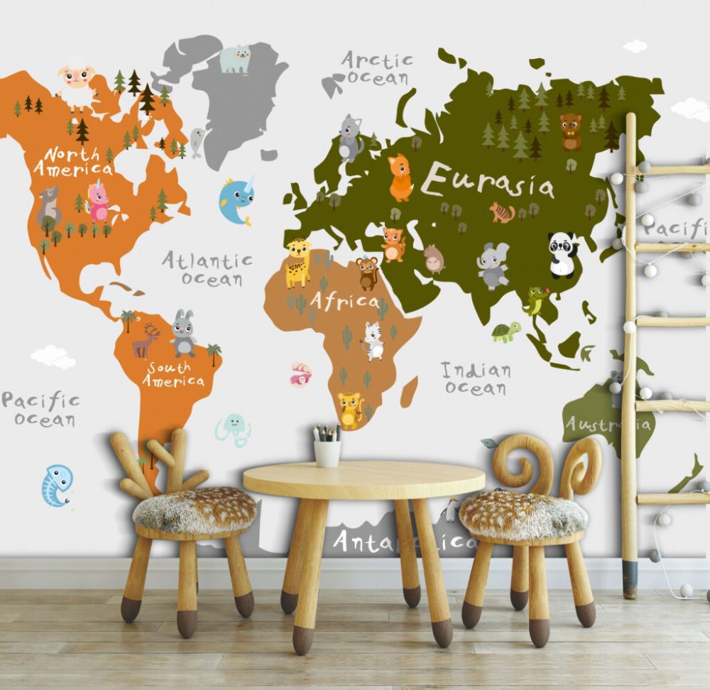Yeşil-Turuncu Renkli Çocuk Haritası 3D Duvar Kağıdı