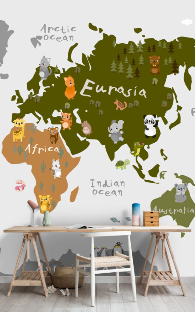 Yeşil-Turuncu Renkli Çocuk Haritası 3D Duvar Kağıdı