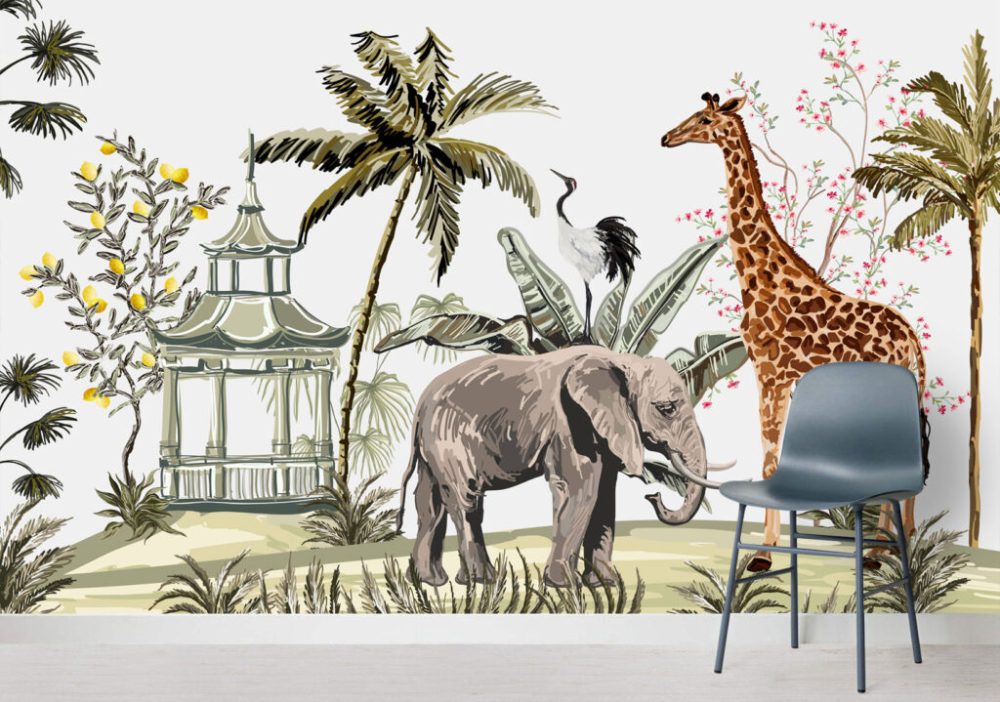 Ormanda Zürafa ve Fil Desenli 3D Duvar Kağıdı