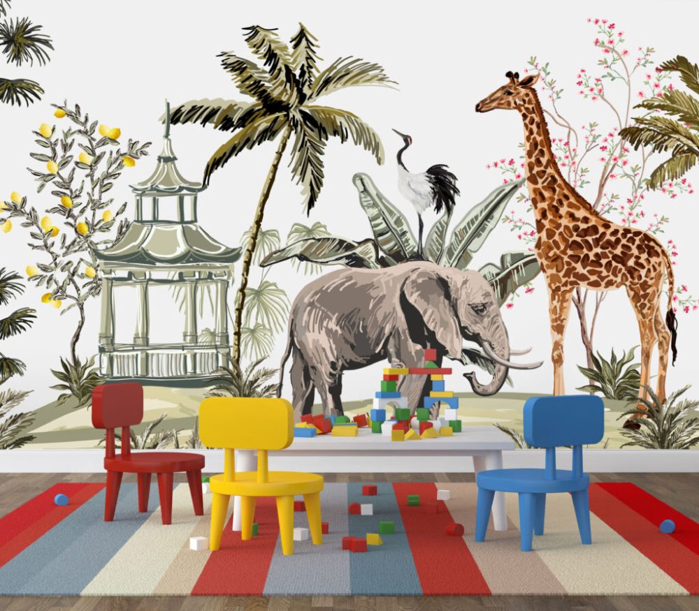 Ormanda Zürafa ve Fil Desenli 3D Duvar Kağıdı