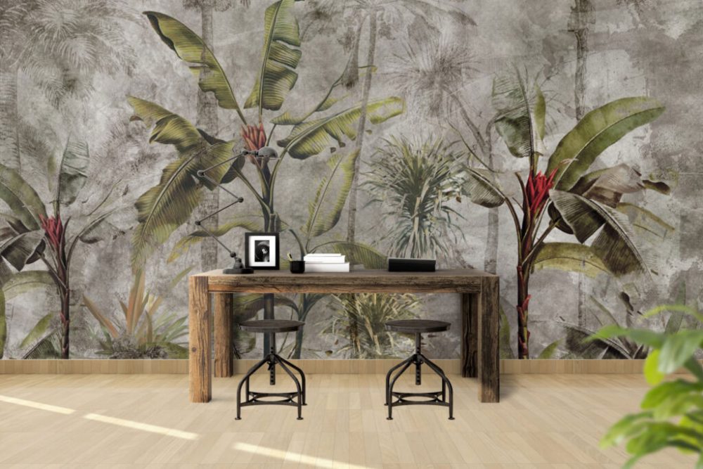 3D Uzun Yapraklı Bitki Desenli Tropikal Duvar Kağıdı