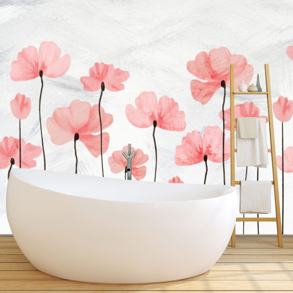 Pembe Yapraklı Çiçek Desenli 3D Duvar Kağıdı