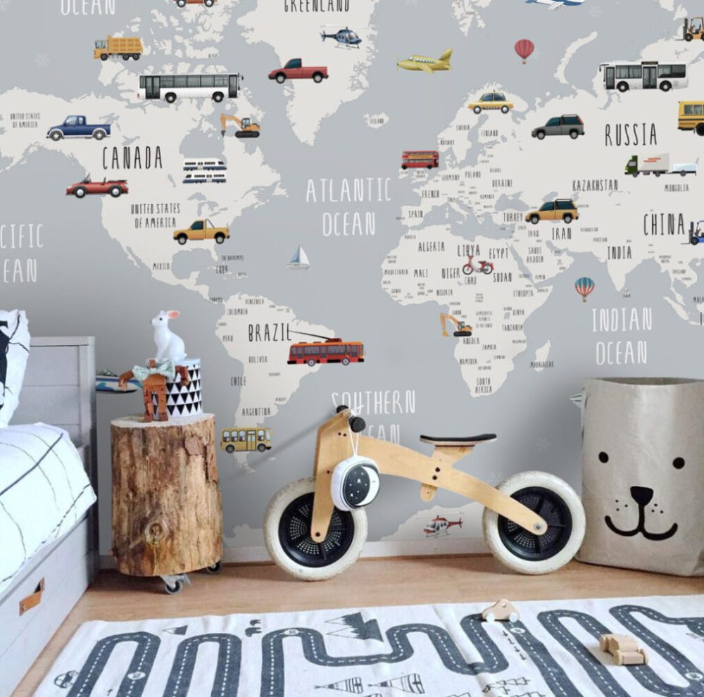 Araba Desenli Çocuk Haritası 3D Duvar Kağıdı