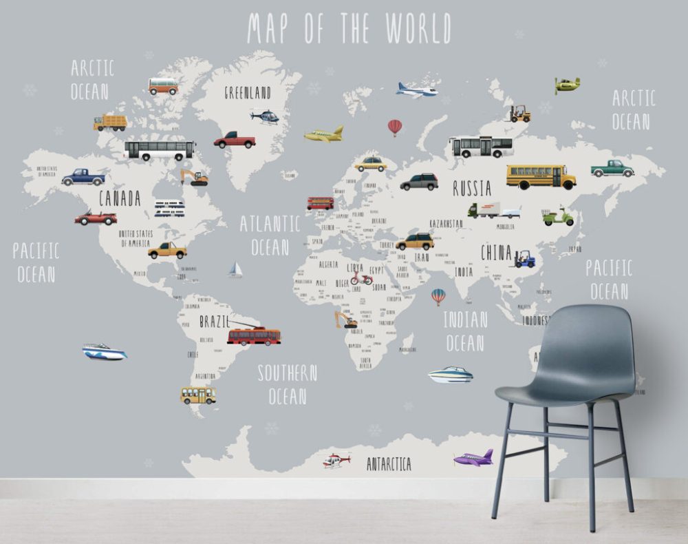 Araba Desenli Çocuk Haritası 3D Duvar Kağıdı