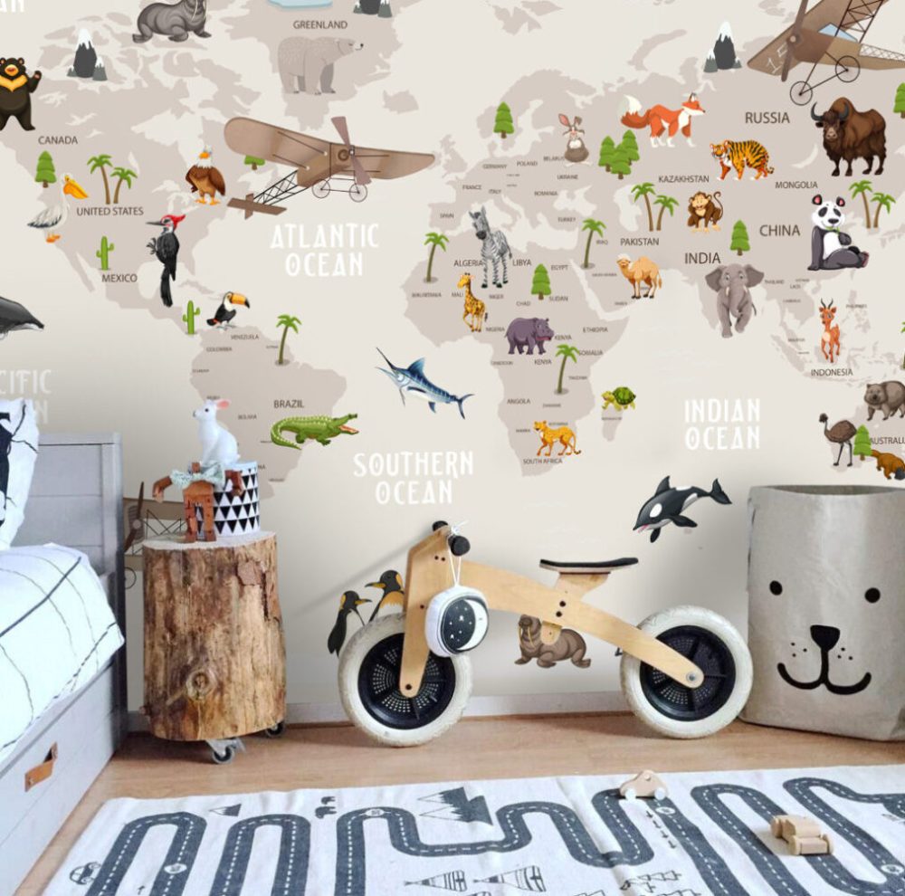 Uçak, Ağaç ve Hayvan Desenli Çocuk Haritası 3D Duvar Kağıdı