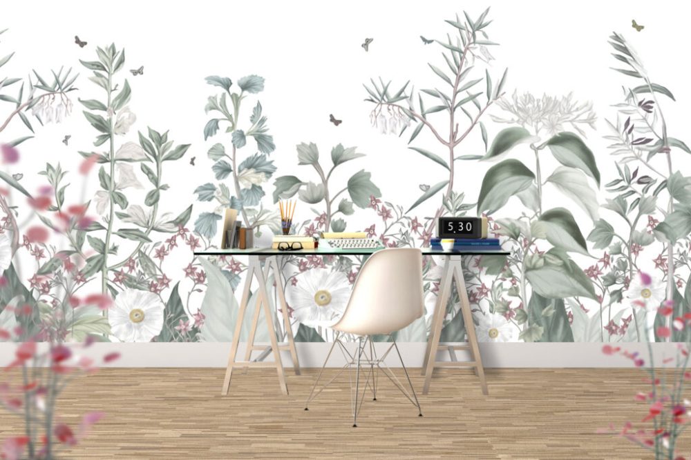 Çok Çeşit Yeşil Bitki ve Çiçek Desenli 3D Duvar Kağıdı