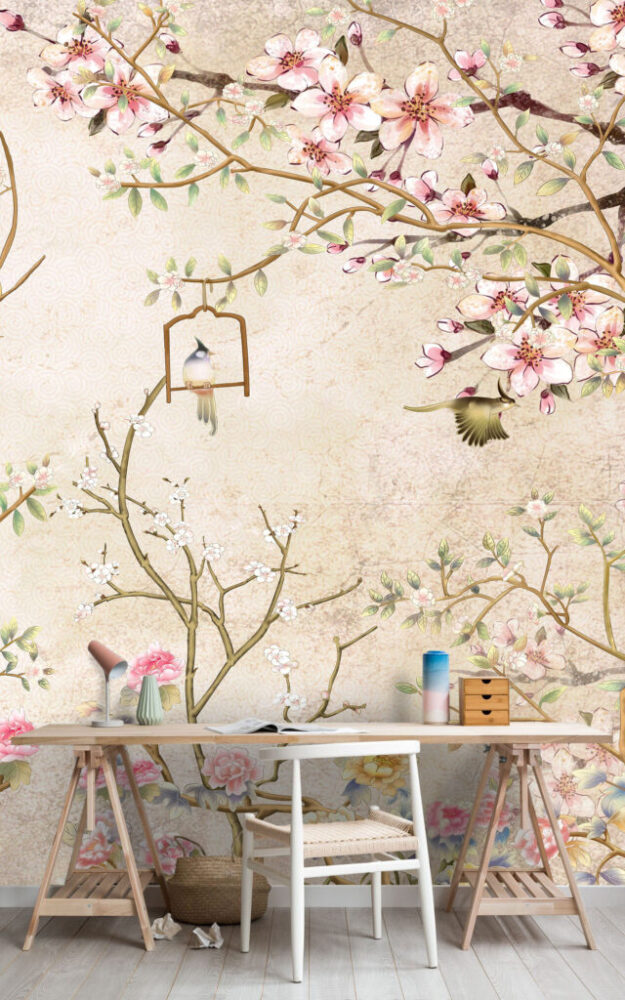 İlkbahar Mevsim Çiçekli Ağaç Desenli 3D Duvar Kağıdı