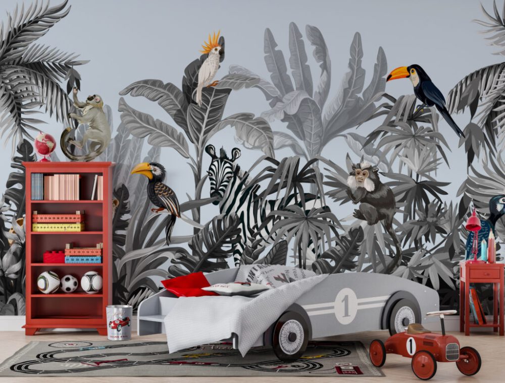 Çok Çeşit Bitki Arasında Hayvan Desenli 3D Duvar Kağıdı