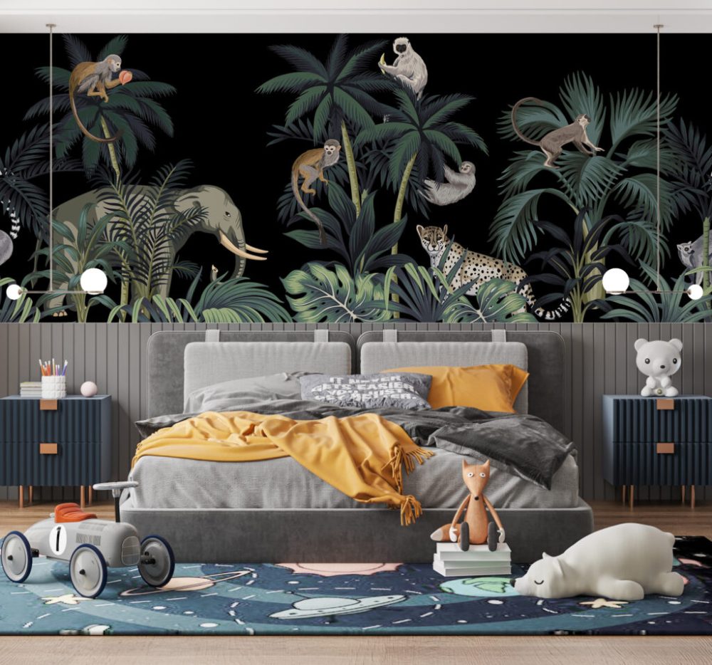 Gece Ormandaki Hayvan Desenli 3D Duvar Kağıdı