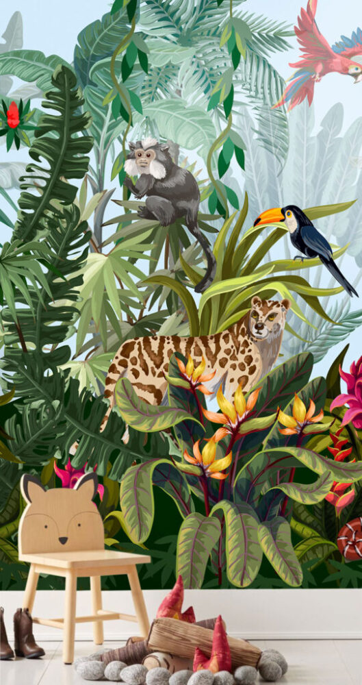 Çok Çeşit Bitki Arasında Dolaşan Hayvan Desenli 3D Duvar Kağıdı