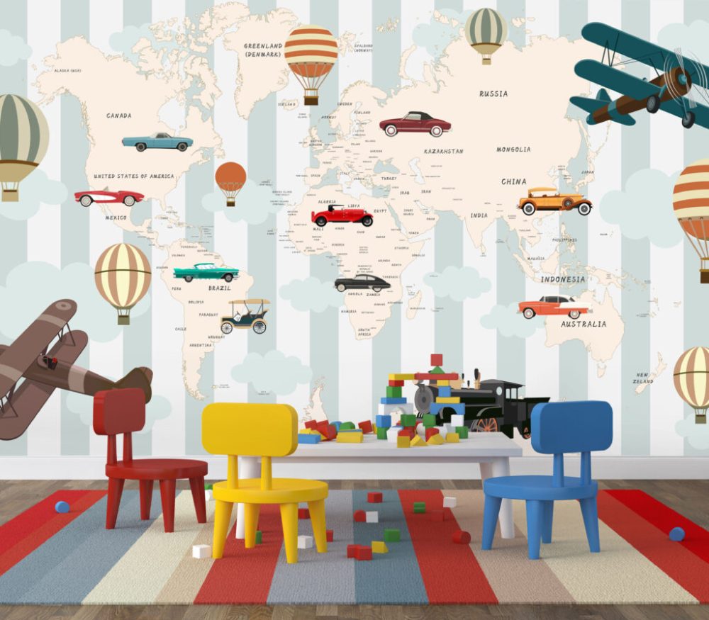 Araba ve Uçak Desenli Çocuk Haritası 3D Duvar Kağıdı