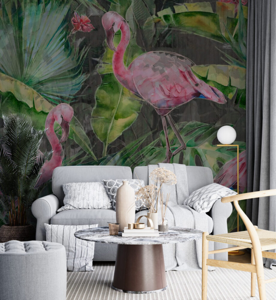 Flamingo ve Bitki Desenli 3D Duvar Kağıdı
