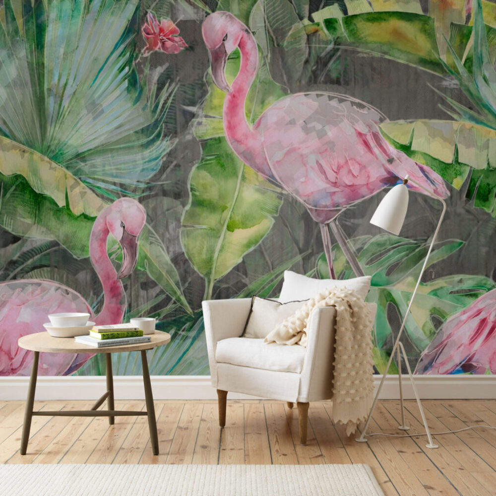 Flamingo ve Bitki Desenli 3D Duvar Kağıdı