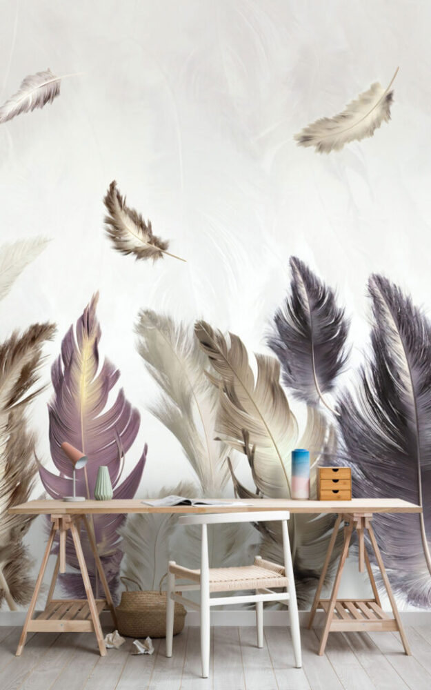 Farklı Renkteki Kuş Tüyü Desenli 3D Duvar Kağıdı
