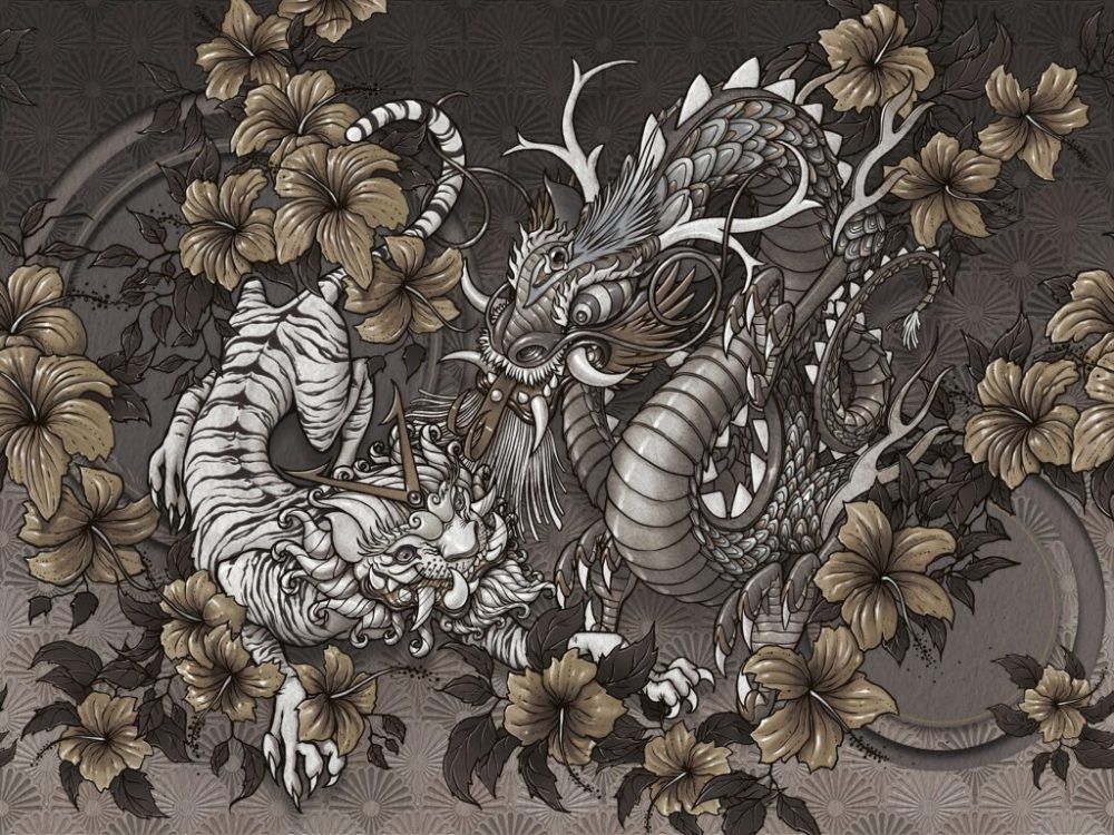 Kobra Yılanı ve Çiçek Desenli 3D Duvar Kağıdı