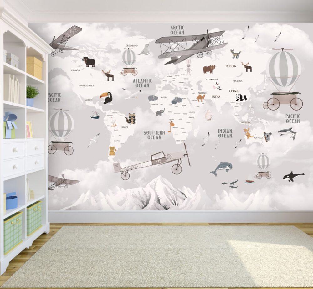Dağ ve Hayvan Desenli Çocuk Haritası 3D Duvar Kağıdı