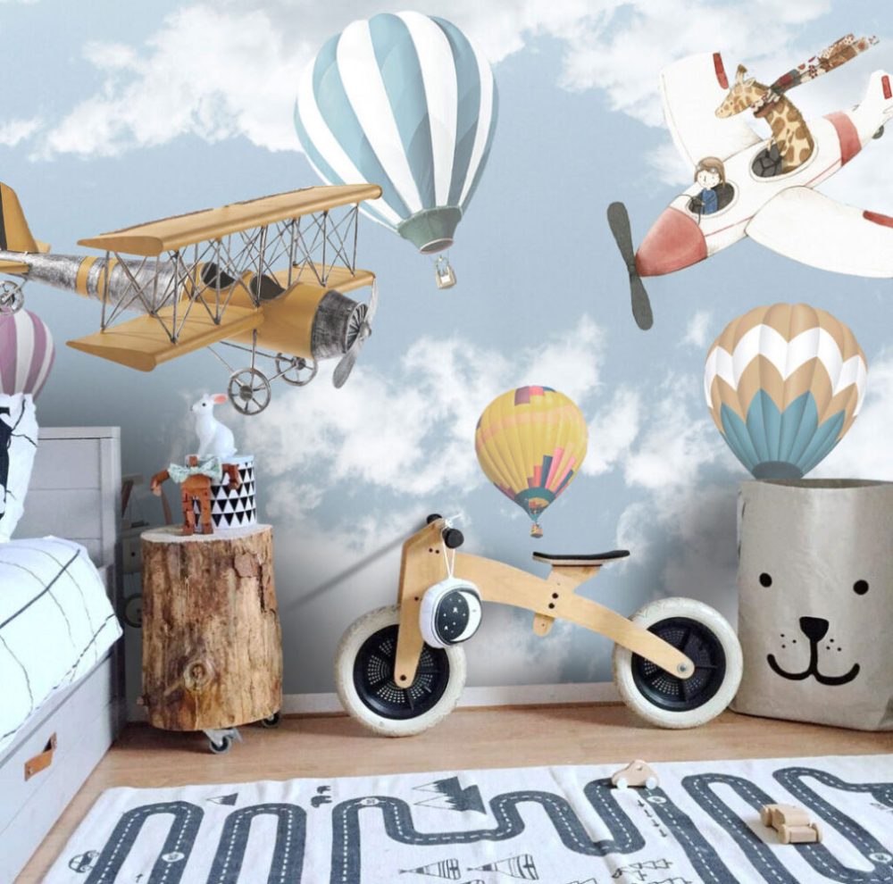 Eski Uçak ve Balon Desenli 3D Duvar Kağıdı