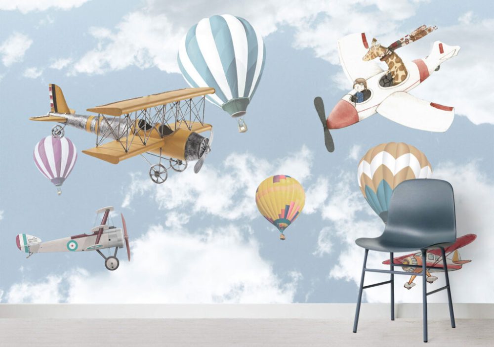 Eski Uçak ve Balon Desenli 3D Duvar Kağıdı
